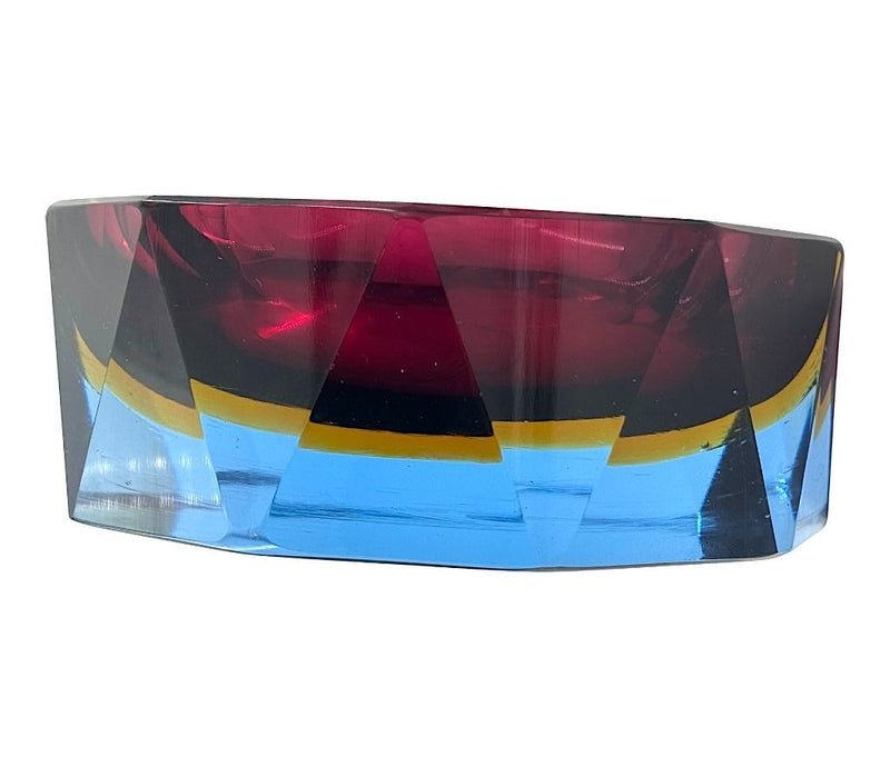 A large heavy 1960s faceted Sommerso Murano glass bowl by Seguso in blue, purple and yellow