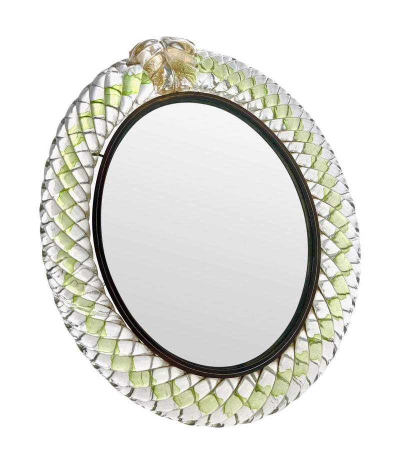 Art Deco mirror Murano green glass frame by Barovier & Toso with foglio d'oro crest