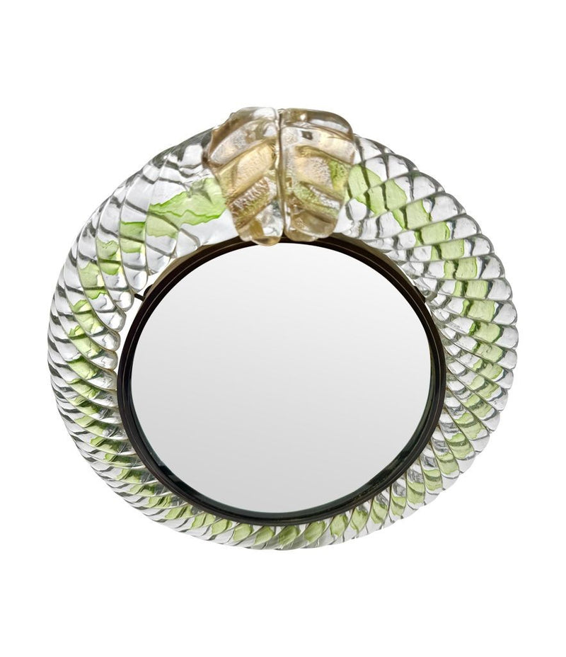 Art Deco mirror Murano green glass frame by Barovier & Toso with foglio d'oro crest