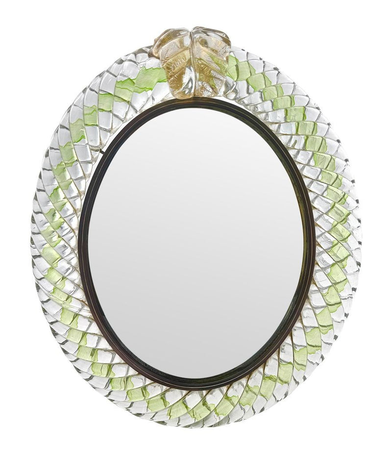 Art Deco mirror Murano green glass frame by Barovier & Toso with foglio d'oro crest