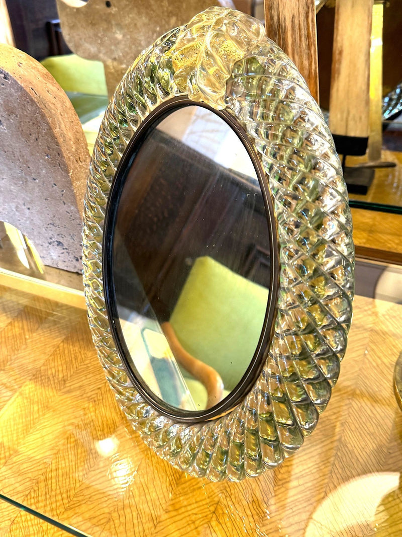 Art Deco mirror Murano green glass frame by Barovier & Toso with foglio d'oro crest