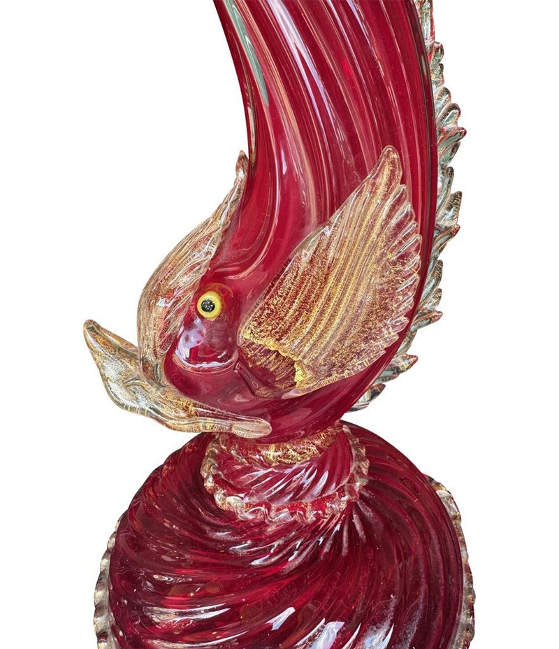 Mid Century table lamps Murano dolphin shaped lamps in red by Barovier & Toso - 1940s