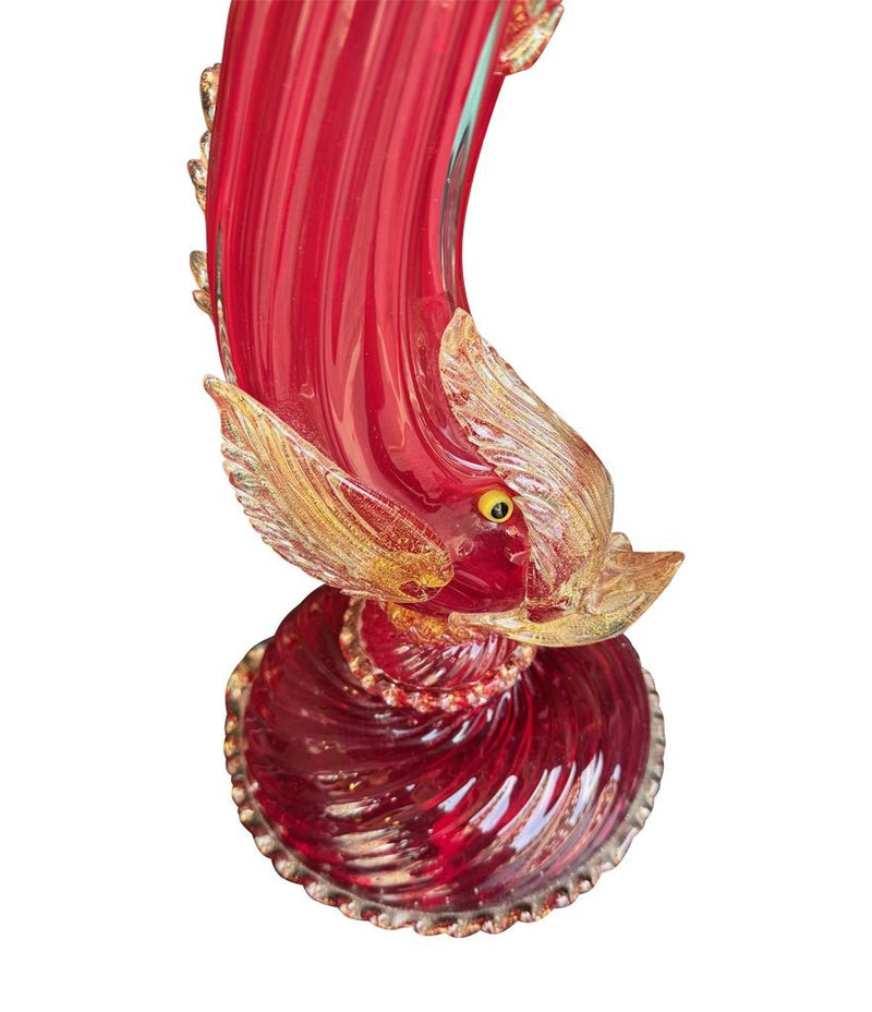 Mid Century table lamps Murano dolphin shaped lamps in red by Barovier & Toso - 1940s