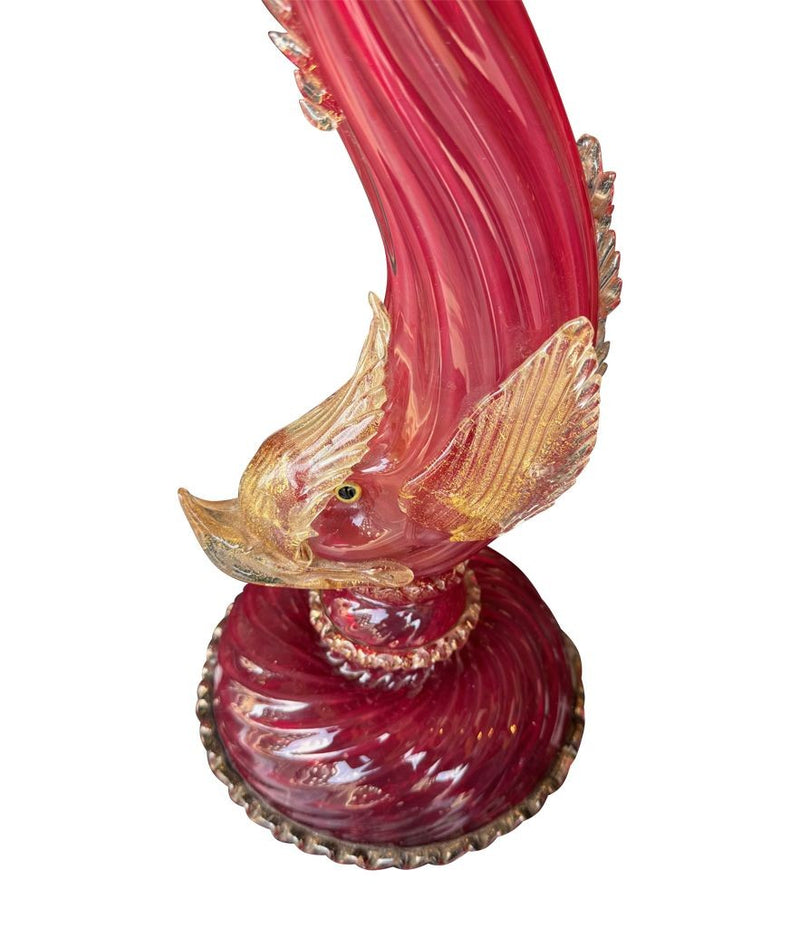 Mid Century table lamps Murano dolphin shaped lamps in red by Barovier & Toso - 1940s