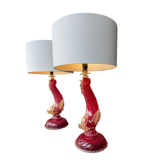Mid Century table lamps Murano dolphin shaped lamps in red by Barovier & Toso - 1940s