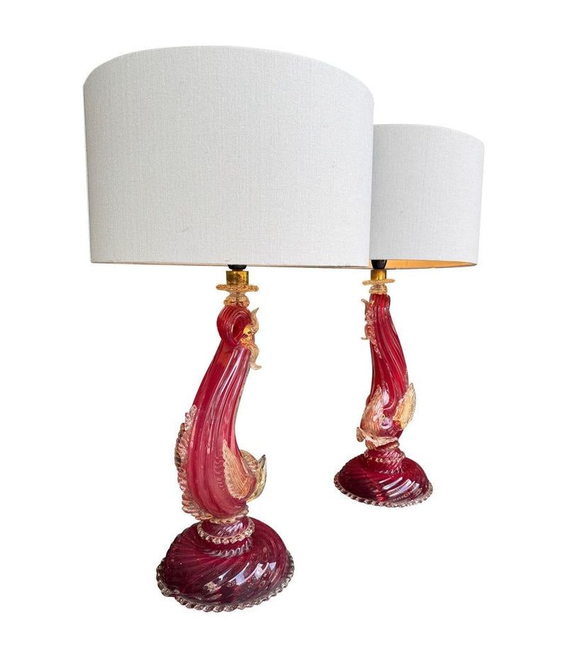 Mid Century table lamps Murano dolphin shaped lamps in red by Barovier & Toso - 1940s