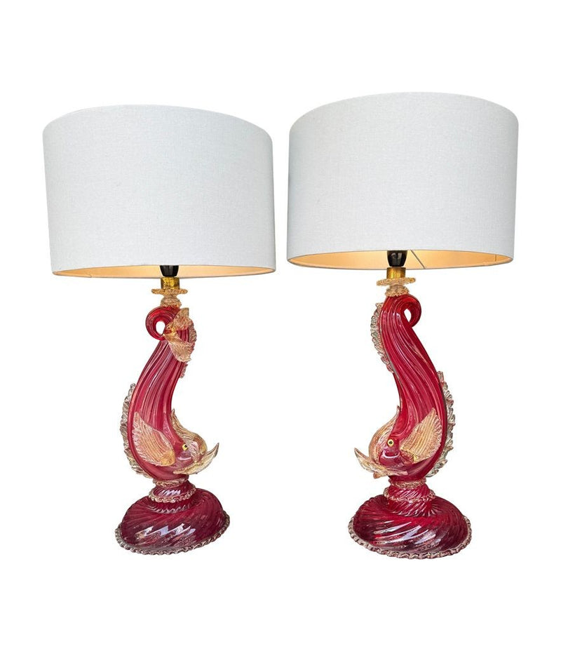 Mid Century table lamps Murano dolphin shaped lamps in red by Barovier & Toso - 1940s