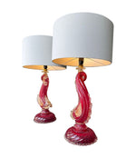 Mid Century table lamps Murano dolphin shaped lamps in red by Barovier & Toso - 1940s