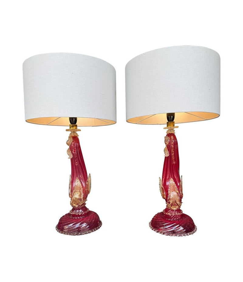 Mid Century table lamps Murano dolphin shaped lamps in red by Barovier & Toso - 1940s