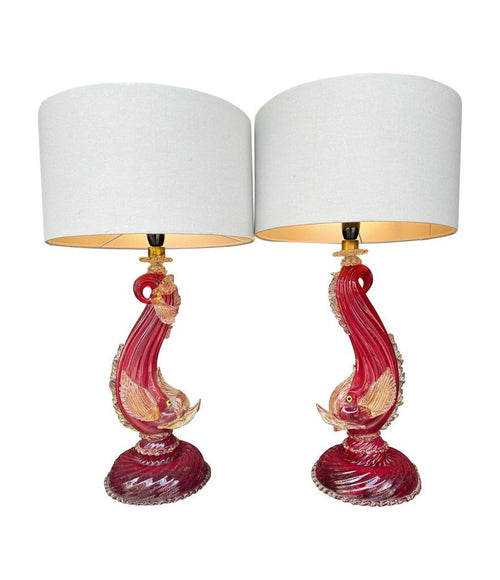 Mid Century table lamps Murano dolphin shaped lamps in red by Barovier & Toso - 1940s 