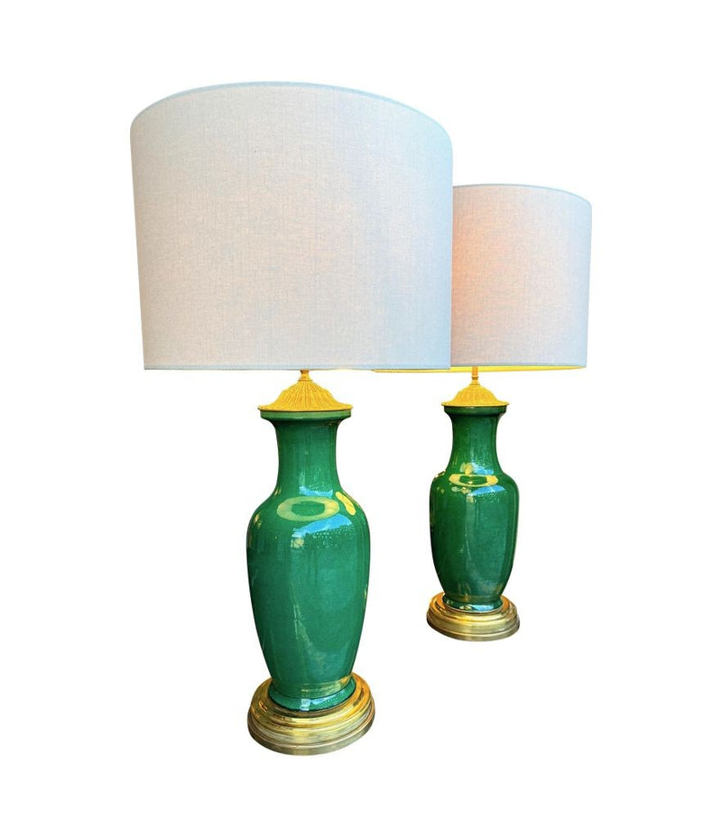 Mid century table lamps 1950s Italian crackle glaze green vase lamps with solid brass bases