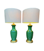 Mid century table lamps 1950s Italian crackle glaze green vase lamps with solid brass bases