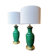 Mid century table lamps 1950s Italian crackle glaze green vase lamps with solid brass bases