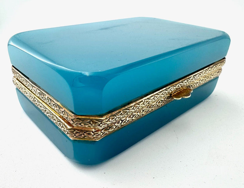 Mid century Murano box turquoise opaline and gilt metal by Gino Cenedese