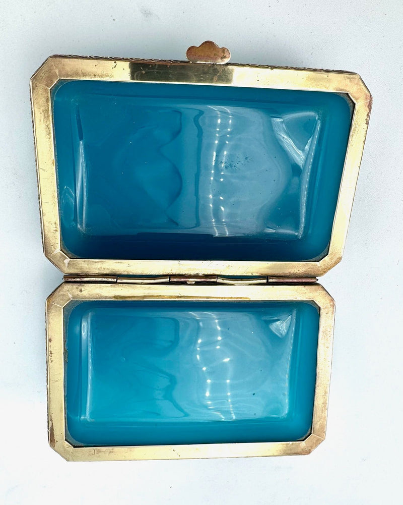 Mid century Murano box turquoise opaline and gilt metal by Gino Cenedese