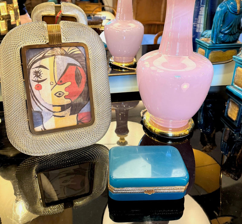 Mid century Murano box turquoise opaline and gilt metal by Gino Cenedese