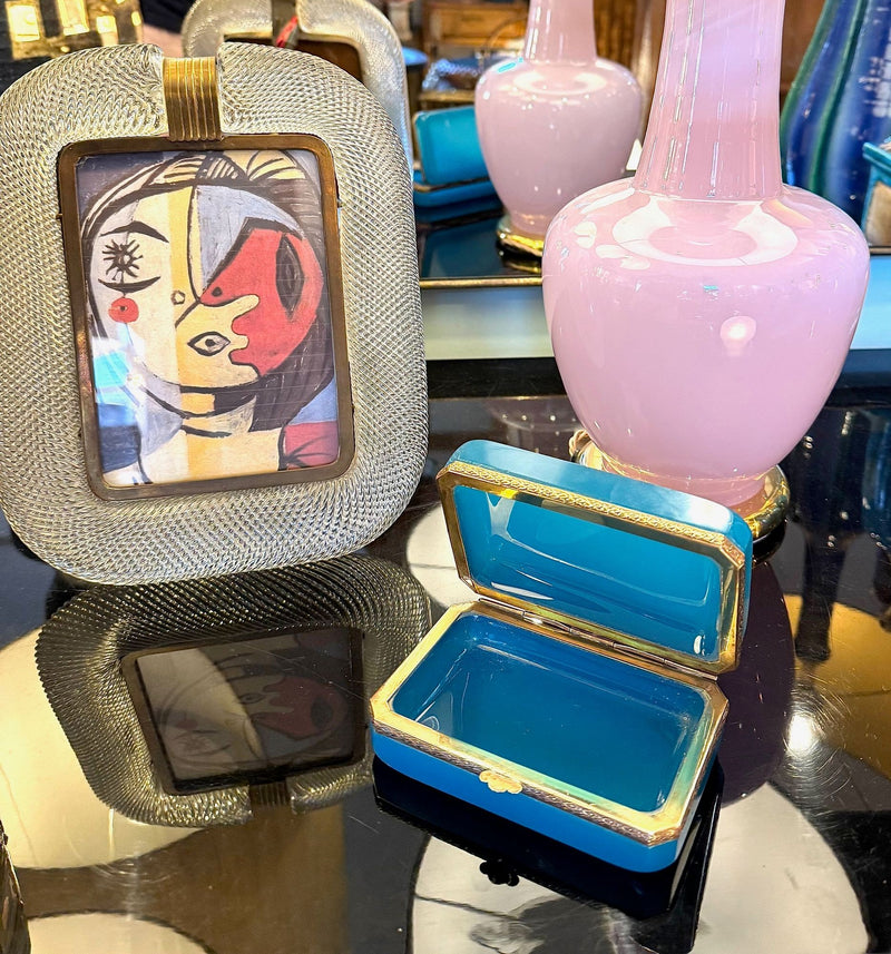 Mid century Murano box turquoise opaline and gilt metal by Gino Cenedese