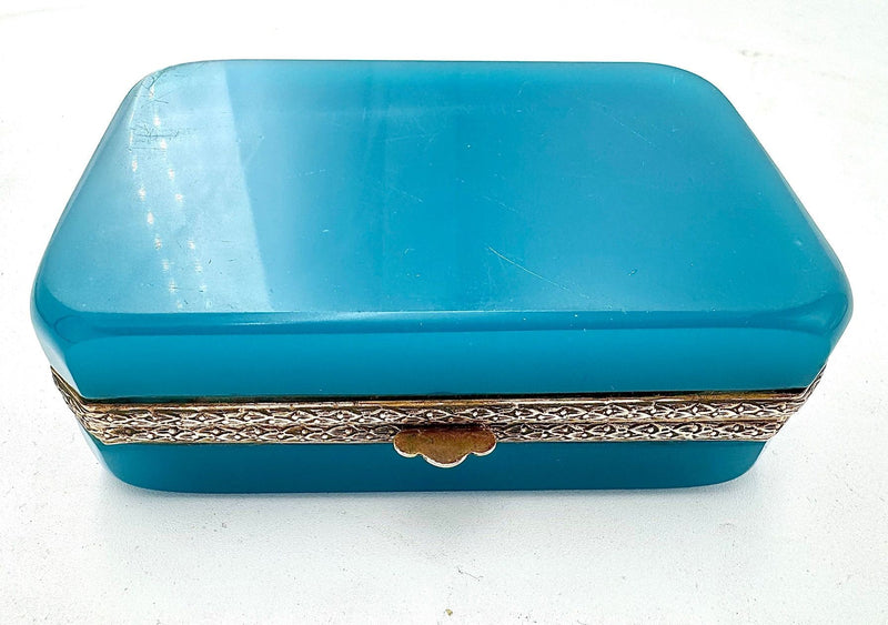 Mid century Murano box turquoise opaline and gilt metal by Gino Cenedese