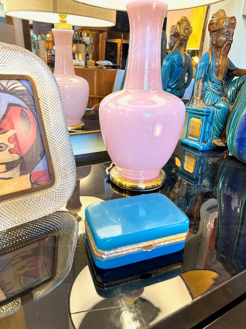 Mid century Murano box turquoise opaline and gilt metal by Gino Cenedese