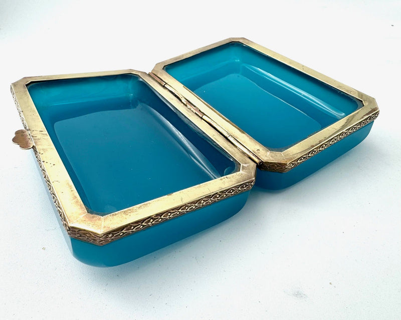 Mid century Murano box turquoise opaline and gilt metal by Gino Cenedese