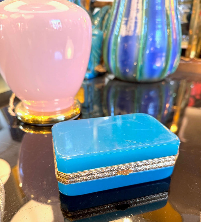 Mid century Murano box turquoise opaline and gilt metal by Gino Cenedese