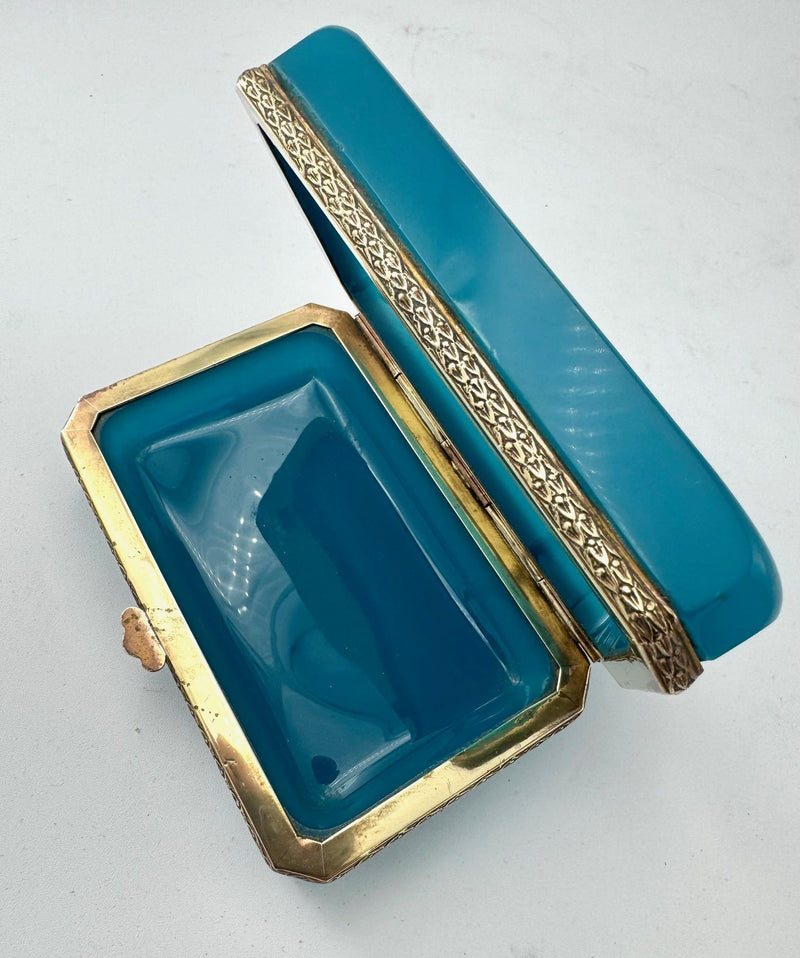 Mid century Murano box turquoise opaline and gilt metal by Gino Cenedese