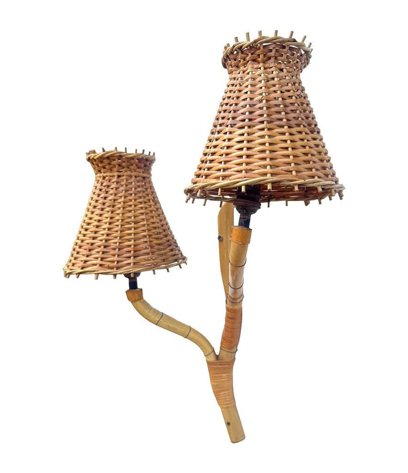 Mid Century wall sconces bamboo by Louis Sognot with rattan shades - 1950s