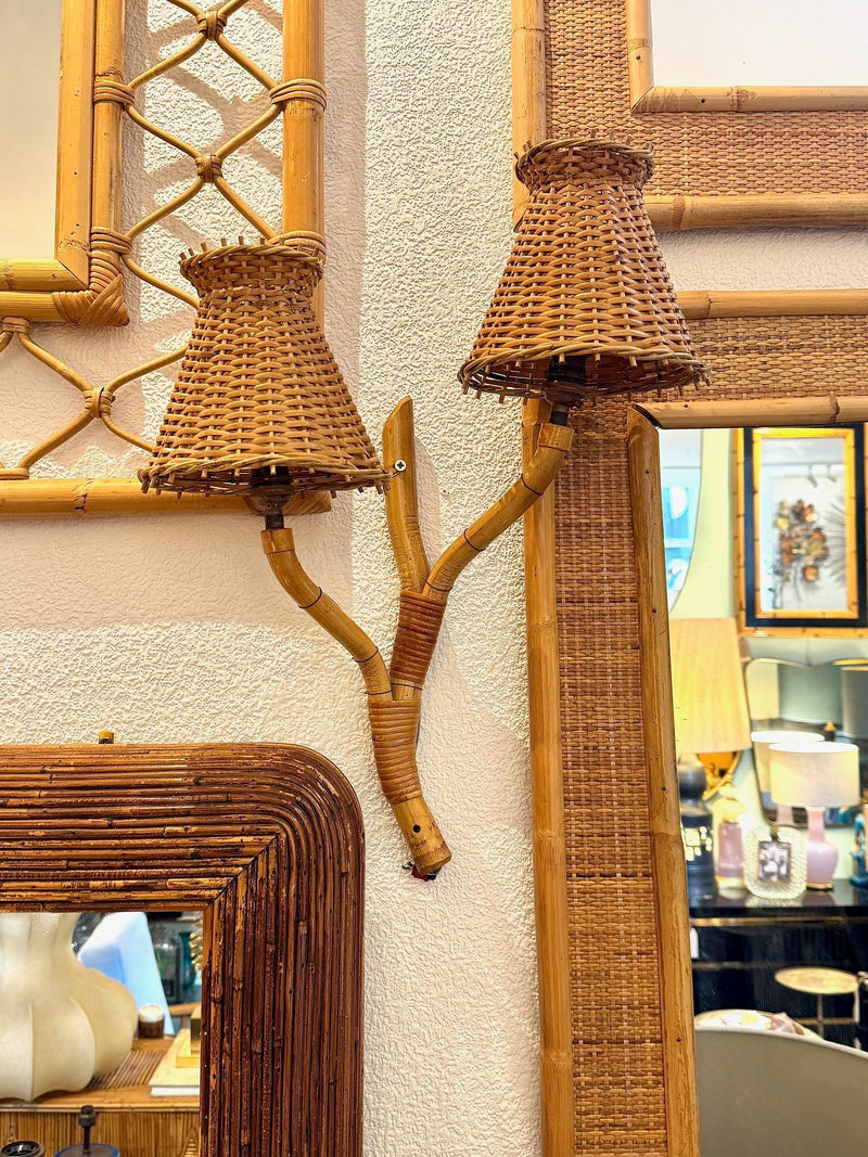Mid Century wall sconces bamboo by Louis Sognot with rattan shades - 1950s