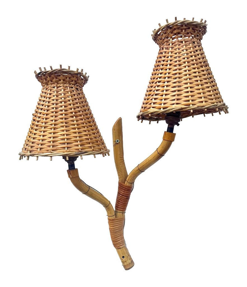 Mid Century wall sconces bamboo by Louis Sognot with rattan shades - 1950s