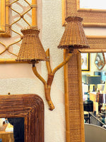 Mid Century wall sconces bamboo by Louis Sognot with rattan shades - 1950s