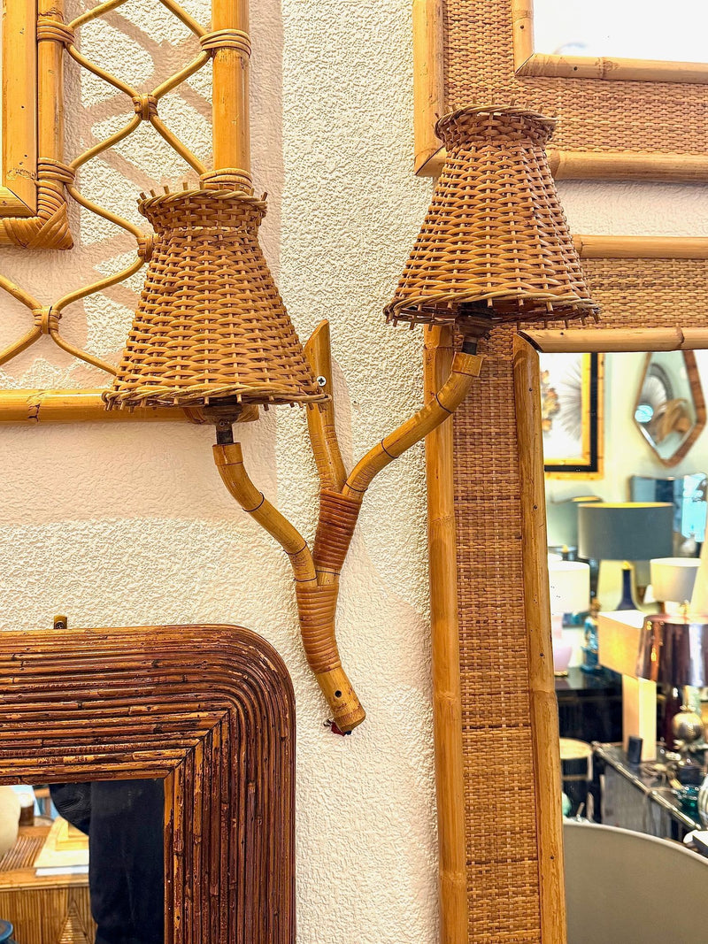 Mid Century wall sconces bamboo by Louis Sognot with rattan shades - 1950s