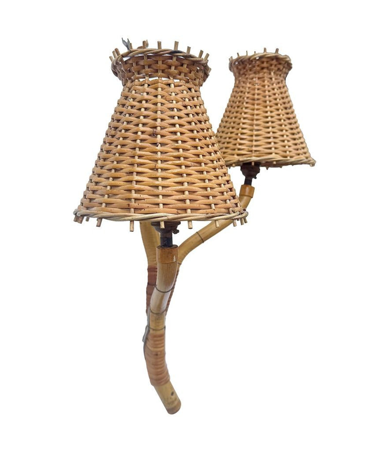 Mid Century wall sconces bamboo by Louis Sognot with rattan shades - 1950s