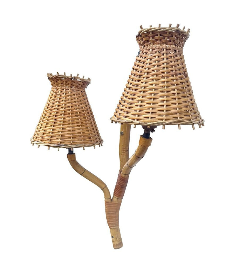 Mid Century wall sconces bamboo by Louis Sognot with rattan shades - 1950s
