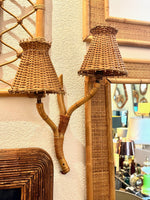 Mid Century wall sconces bamboo by Louis Sognot with rattan shades - 1950s
