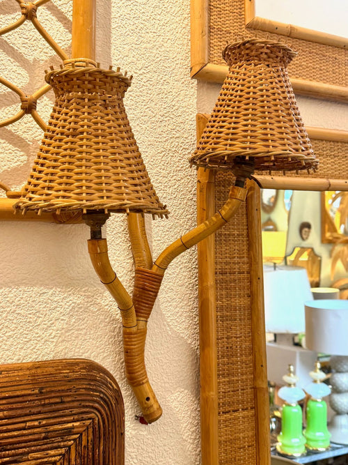 Mid Century wall sconces bamboo by Louis Sognot with rattan shades - 1950s