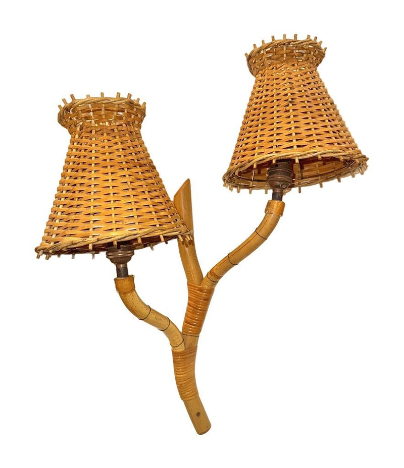 Mid Century wall sconces bamboo by Louis Sognot with rattan shades - 1950s