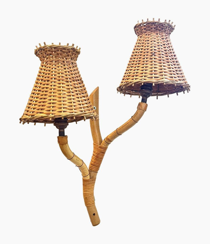 Mid Century wall sconces bamboo by Louis Sognot with rattan shades - 1950s