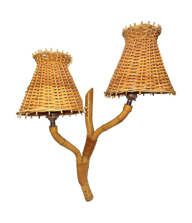 Mid Century wall sconces bamboo by Louis Sognot with rattan shades - 1950s