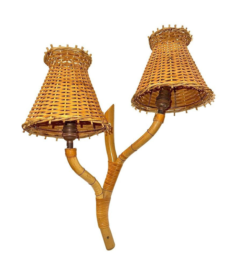 Mid Century wall sconces bamboo by Louis Sognot with rattan shades - 1950s