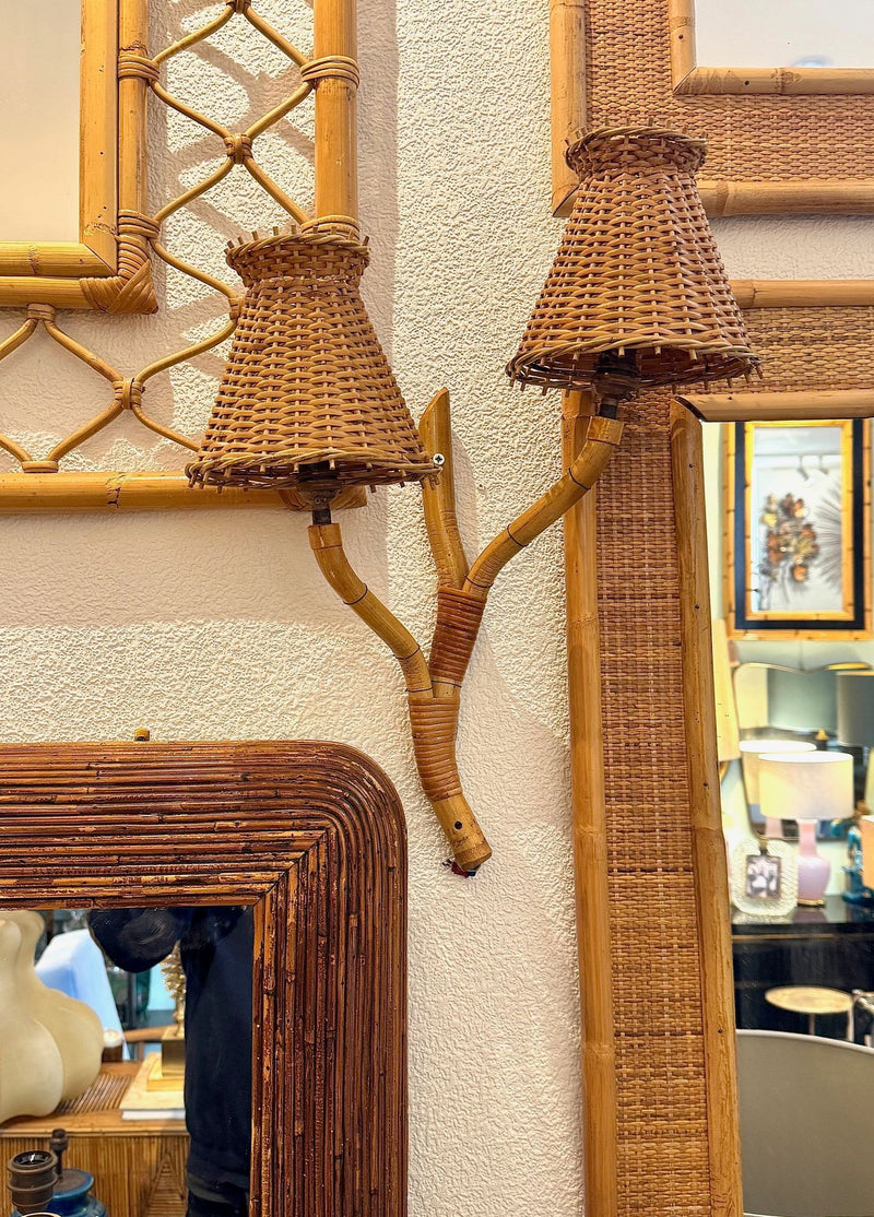 Mid Century wall sconces bamboo by Louis Sognot with rattan shades - 1950s