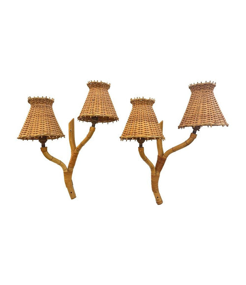 Mid Century wall sconces bamboo by Louis Sognot with rattan shades - 1950s