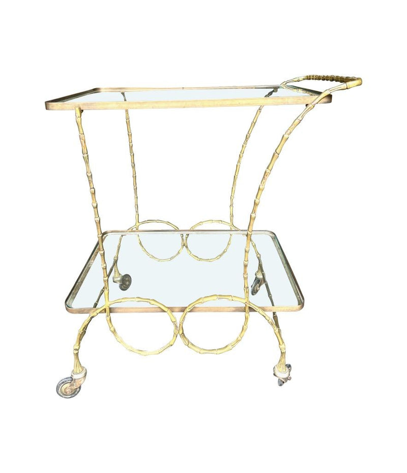 Mid Century bar trolley by Maison Baques brass faux bamboo with two glass shelves French 1950s - Mid Century Furniture