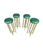 Four mid century faux bamboo bar stools with green seat pads - Spanish