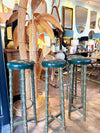 Four mid century faux bamboo bar stools with green seat pads - Spanish