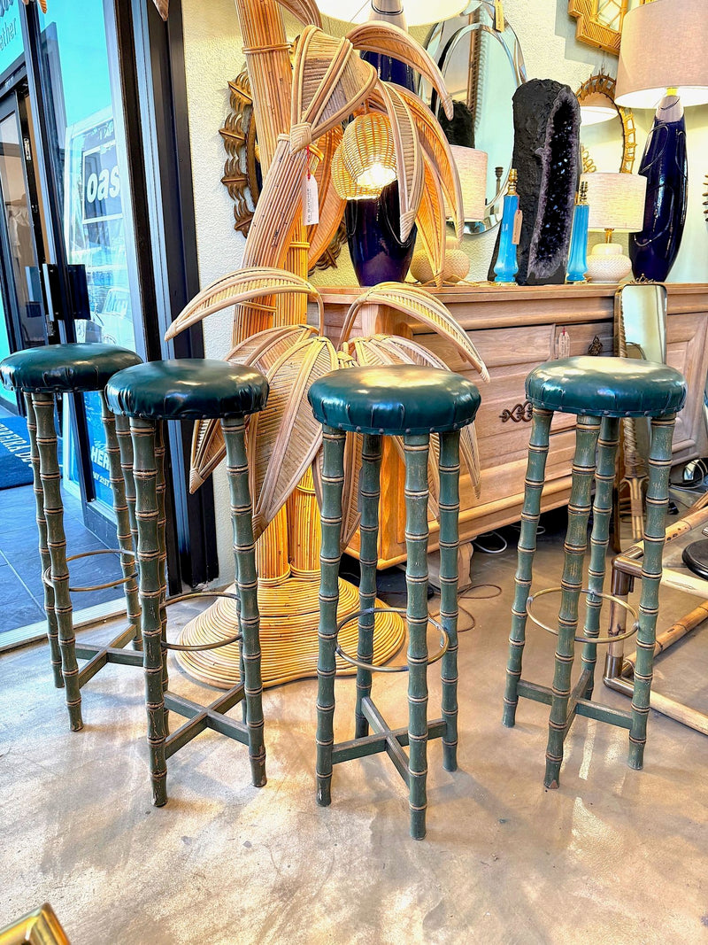 Four mid century faux bamboo bar stools with green seat pads - Spanish