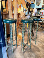 Four mid century faux bamboo bar stools with green seat pads - Spanish