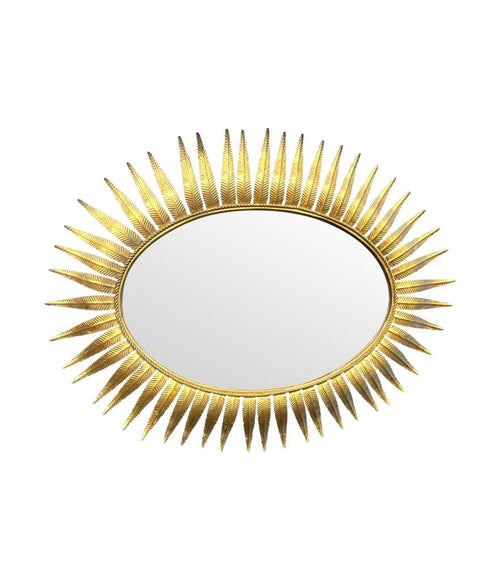 Mid century mirror gilt metal oval sunburst eyelash mirror - Spanish - 1950s