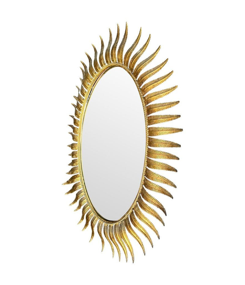 Mid century mirror gilt metal oval sunburst eyelash mirror - Spanish - 1950s