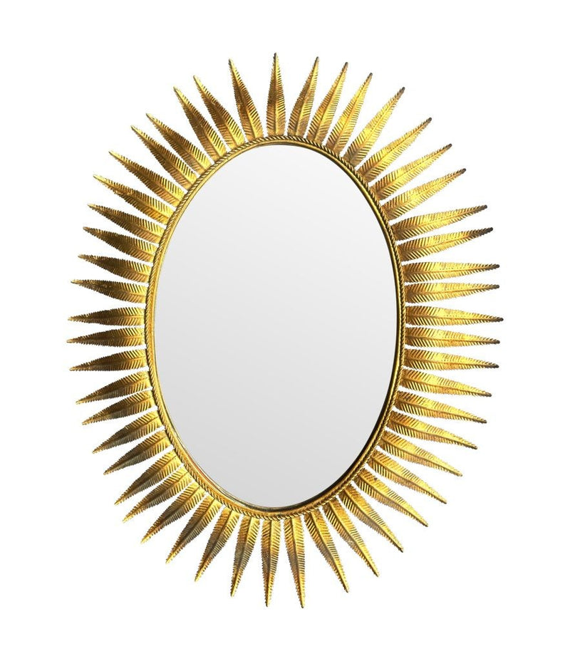 Mid century mirror gilt metal oval sunburst eyelash mirror - Spanish - 1950s
