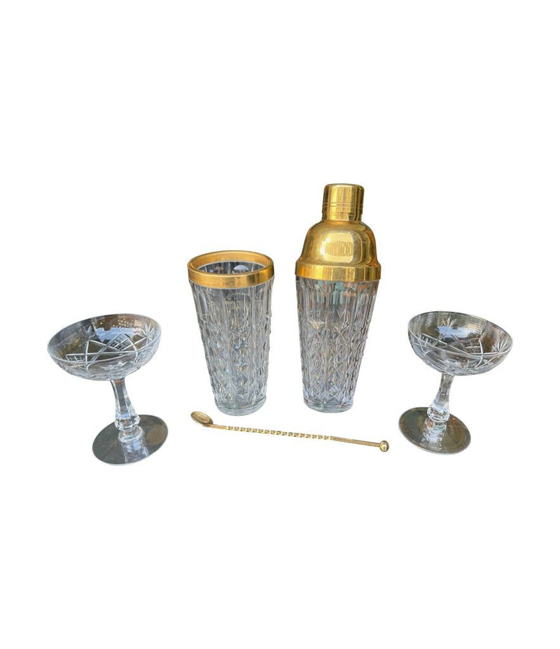 Mid century Val Saint Lambert crystal and gold cocktail shaker set with jug - 1960s